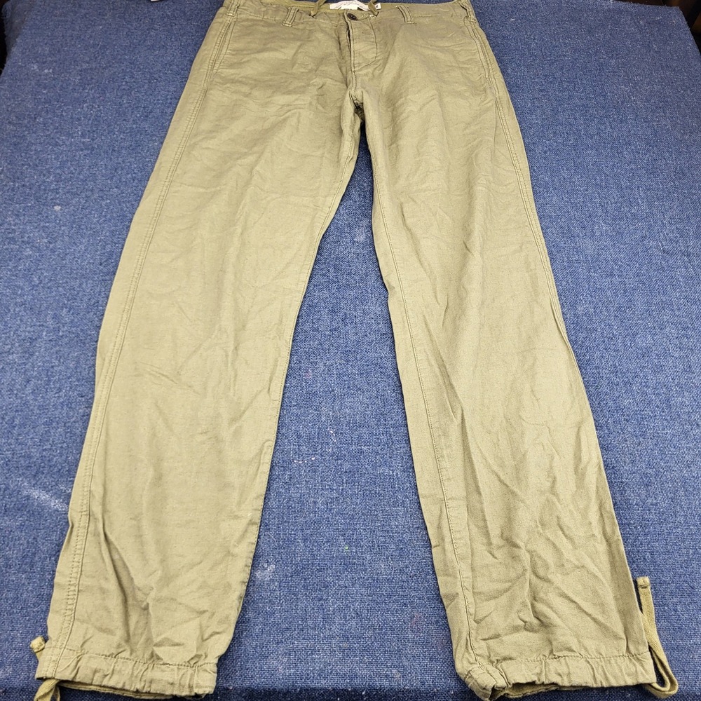 H&M L.O.G.G. Mens Olive Green Linen Cotton Regular Fit Drawstring Pants Size 29